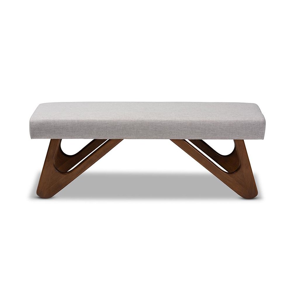 Greyish Beige Fabric Upholstered Walnut Brown Finished Boomerang Bench. Picture 2
