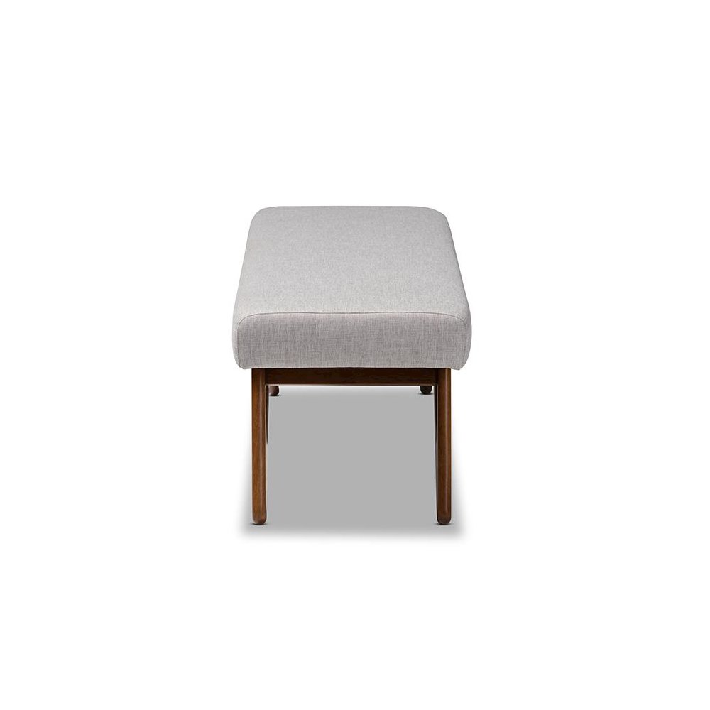 Greyish Beige Fabric Upholstered Walnut Brown Finished Boomerang Bench. Picture 3