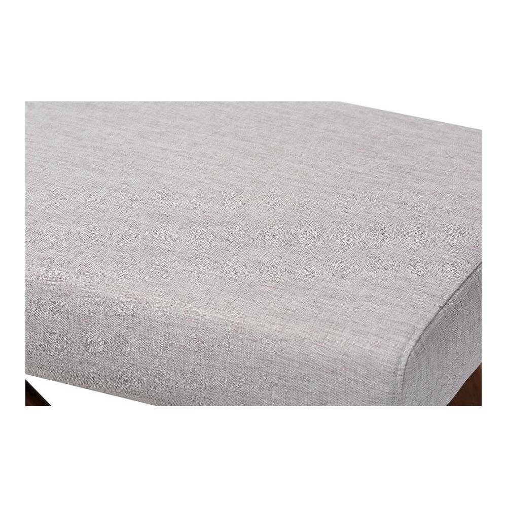 Greyish Beige Fabric Upholstered Walnut Brown Finished Boomerang Bench. Picture 4