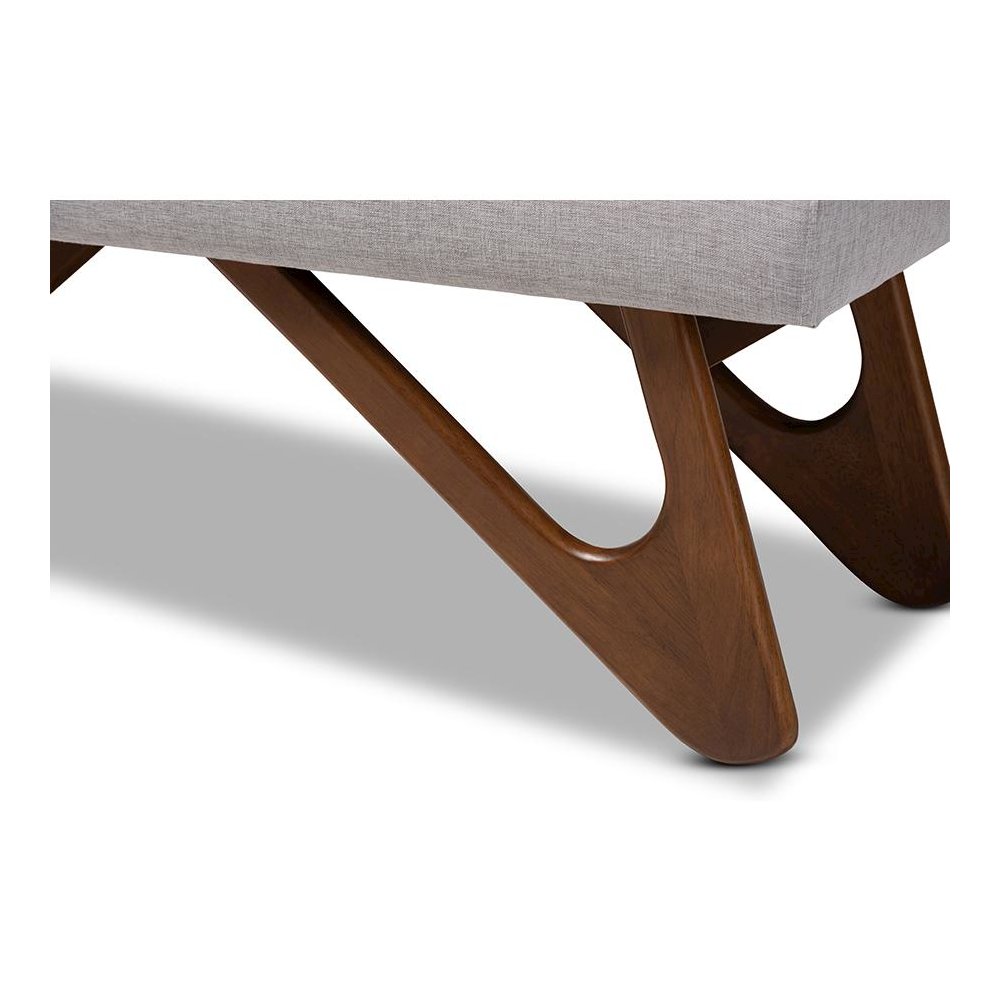Greyish Beige Fabric Upholstered Walnut Brown Finished Boomerang Bench. Picture 5