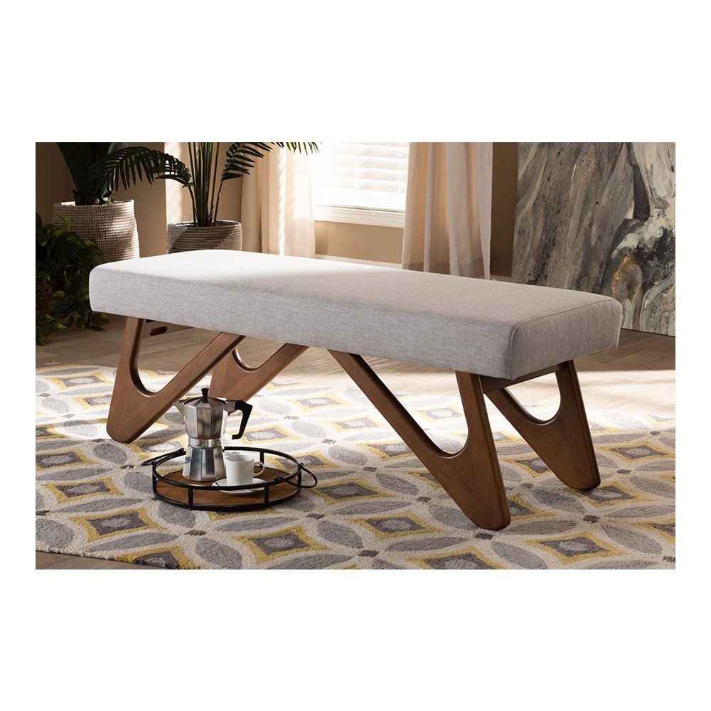 Greyish Beige Fabric Upholstered Walnut Brown Finished Boomerang Bench. Picture 6