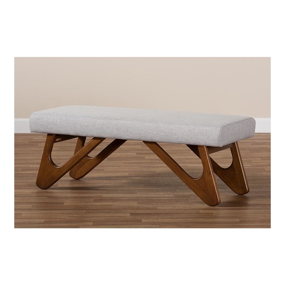 Greyish Beige Fabric Upholstered Walnut Brown Finished Boomerang Bench. Picture 7