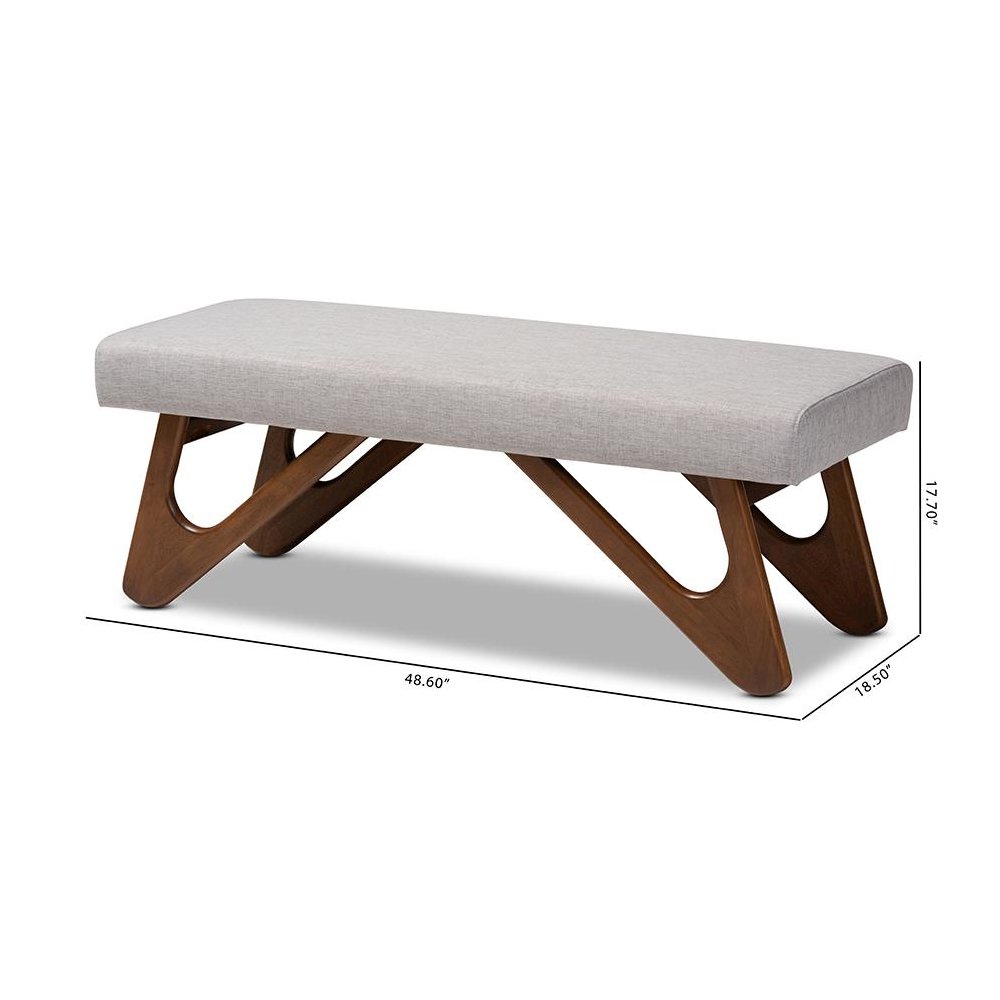 Greyish Beige Fabric Upholstered Walnut Brown Finished Boomerang Bench. Picture 8