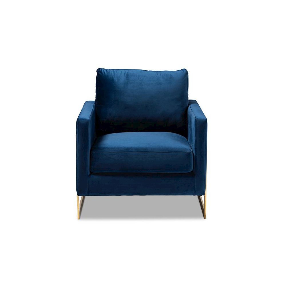 Matteo Glam and Luxe Royal Blue Velvet Fabric Upholstered Gold Finished Armchair. Picture 2