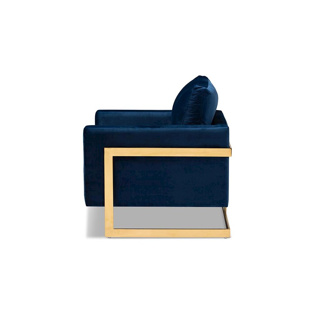 Matteo Glam and Luxe Royal Blue Velvet Fabric Upholstered Gold Finished Armchair. Picture 3