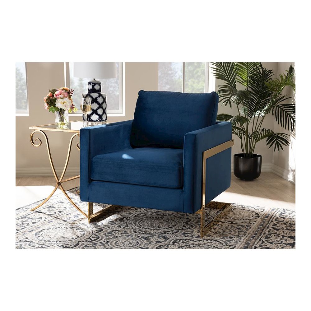 Matteo Glam and Luxe Royal Blue Velvet Fabric Upholstered Gold Finished Armchair. Picture 7