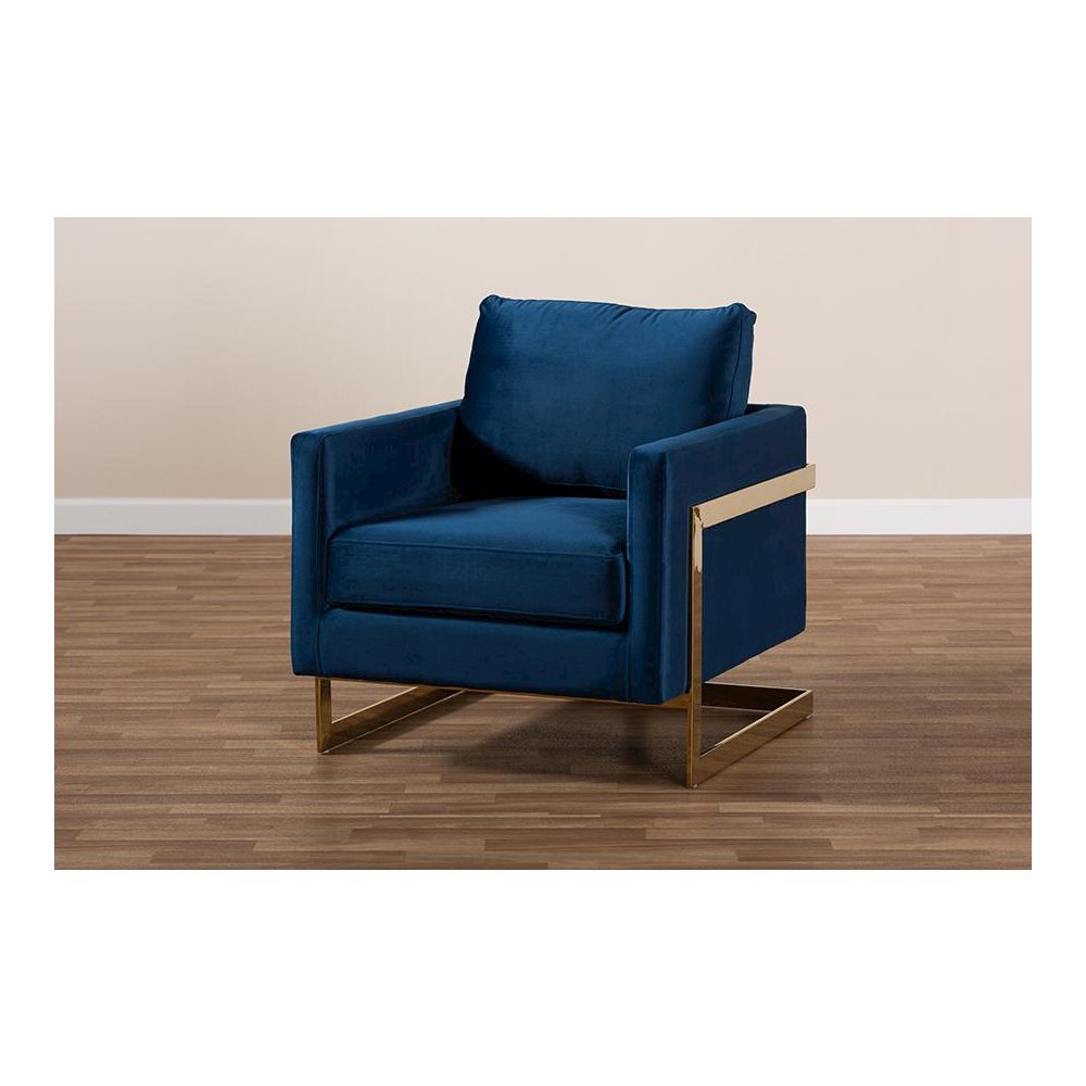 Matteo Glam and Luxe Royal Blue Velvet Fabric Upholstered Gold Finished Armchair. Picture 8