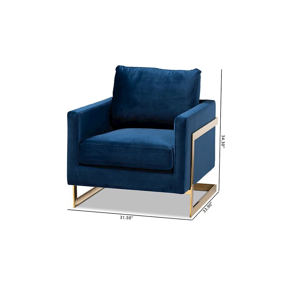 Matteo Glam and Luxe Royal Blue Velvet Fabric Upholstered Gold Finished Armchair. Picture 9
