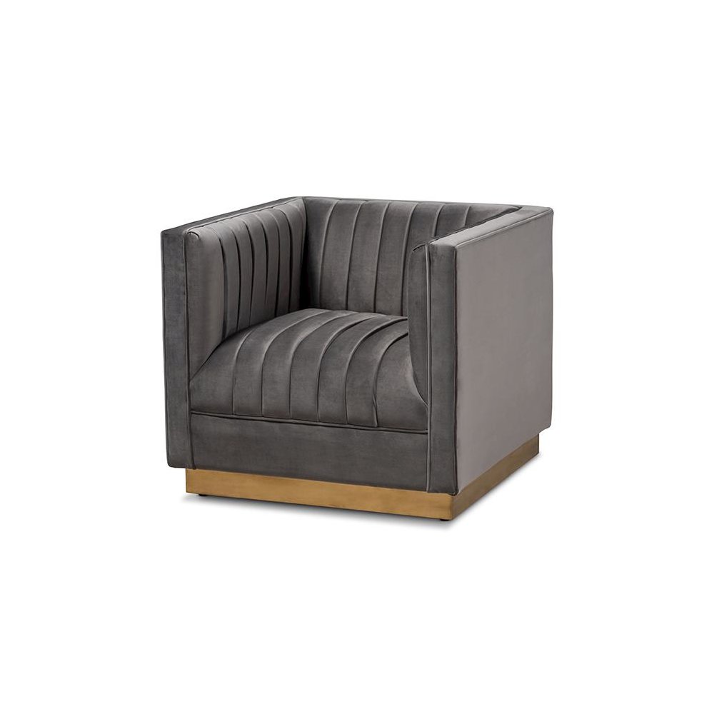 Luxe Grey Velvet Fabric Upholstered Brushed Gold Finished Armchair. Picture 1