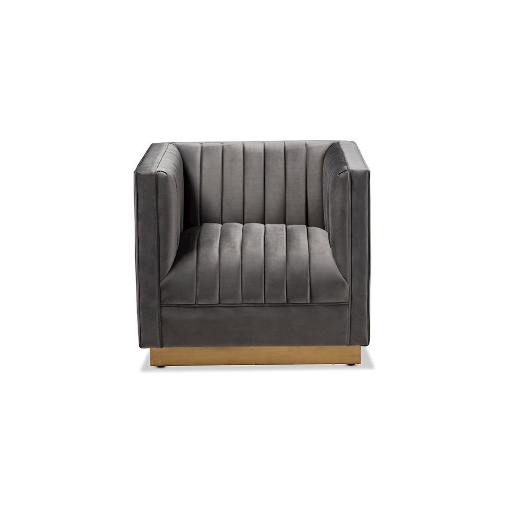 Luxe Grey Velvet Fabric Upholstered Brushed Gold Finished Armchair. Picture 2