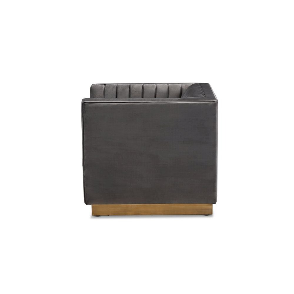 Luxe Grey Velvet Fabric Upholstered Brushed Gold Finished Armchair. Picture 3