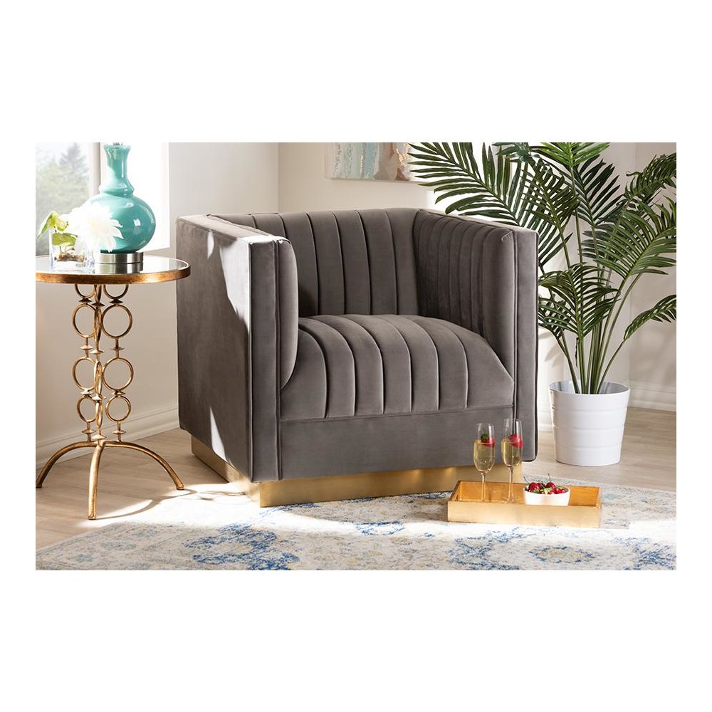 Luxe Grey Velvet Fabric Upholstered Brushed Gold Finished Armchair. Picture 7