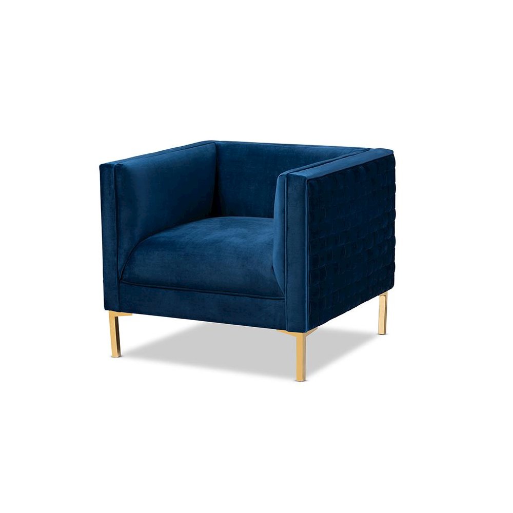 Luxe Navy Blue Velvet Fabric Upholstered Gold Finished Armchair. Picture 1