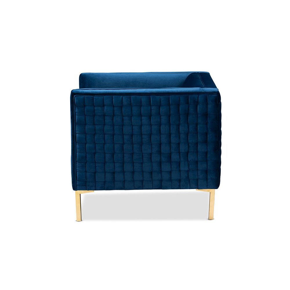 Luxe Navy Blue Velvet Fabric Upholstered Gold Finished Armchair. Picture 3