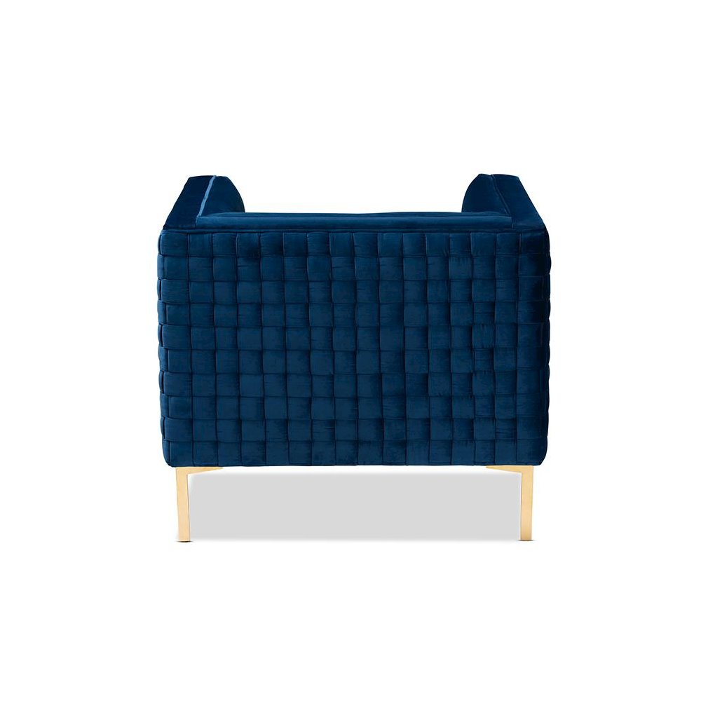 Luxe Navy Blue Velvet Fabric Upholstered Gold Finished Armchair. Picture 4