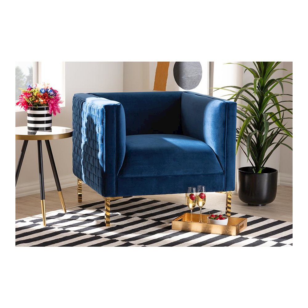 Luxe Navy Blue Velvet Fabric Upholstered Gold Finished Armchair. Picture 7