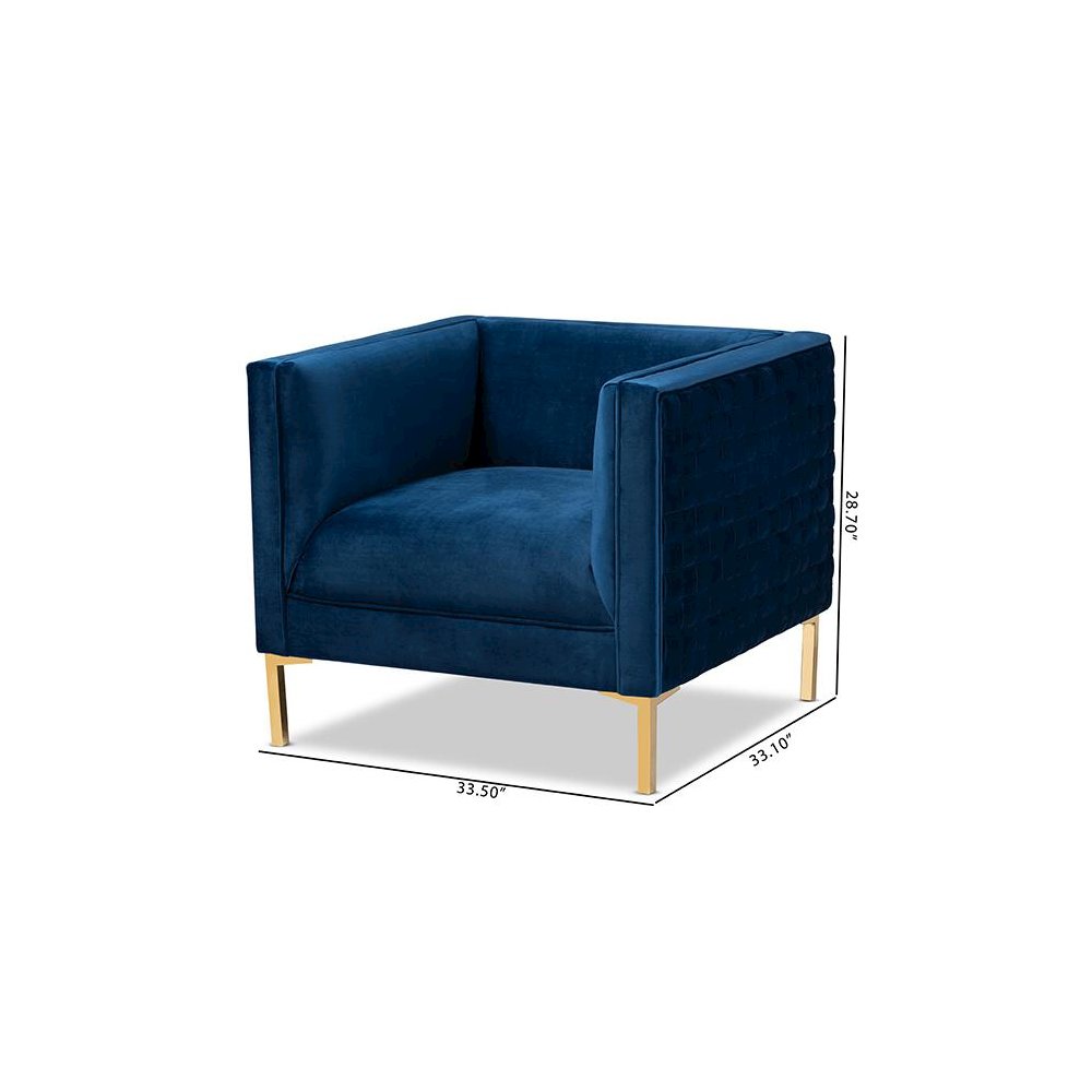 Luxe Navy Blue Velvet Fabric Upholstered Gold Finished Armchair. Picture 9