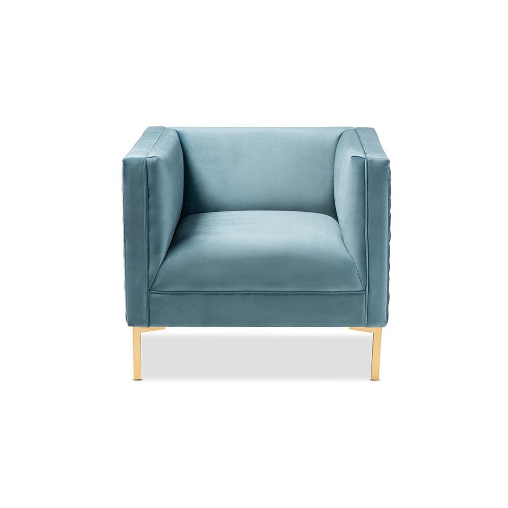 Luxe Light Blue Velvet Fabric Upholstered Gold Finished Armchair. Picture 2