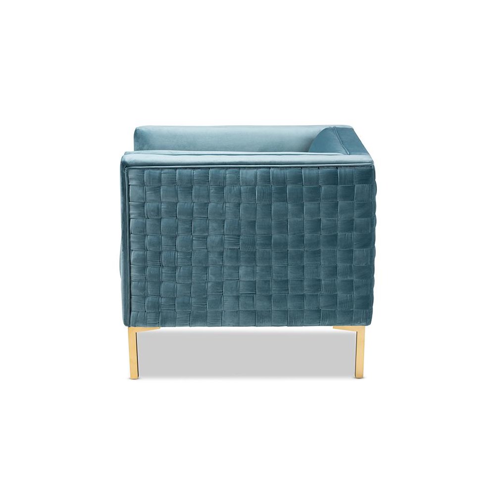 Luxe Light Blue Velvet Fabric Upholstered Gold Finished Armchair. Picture 3