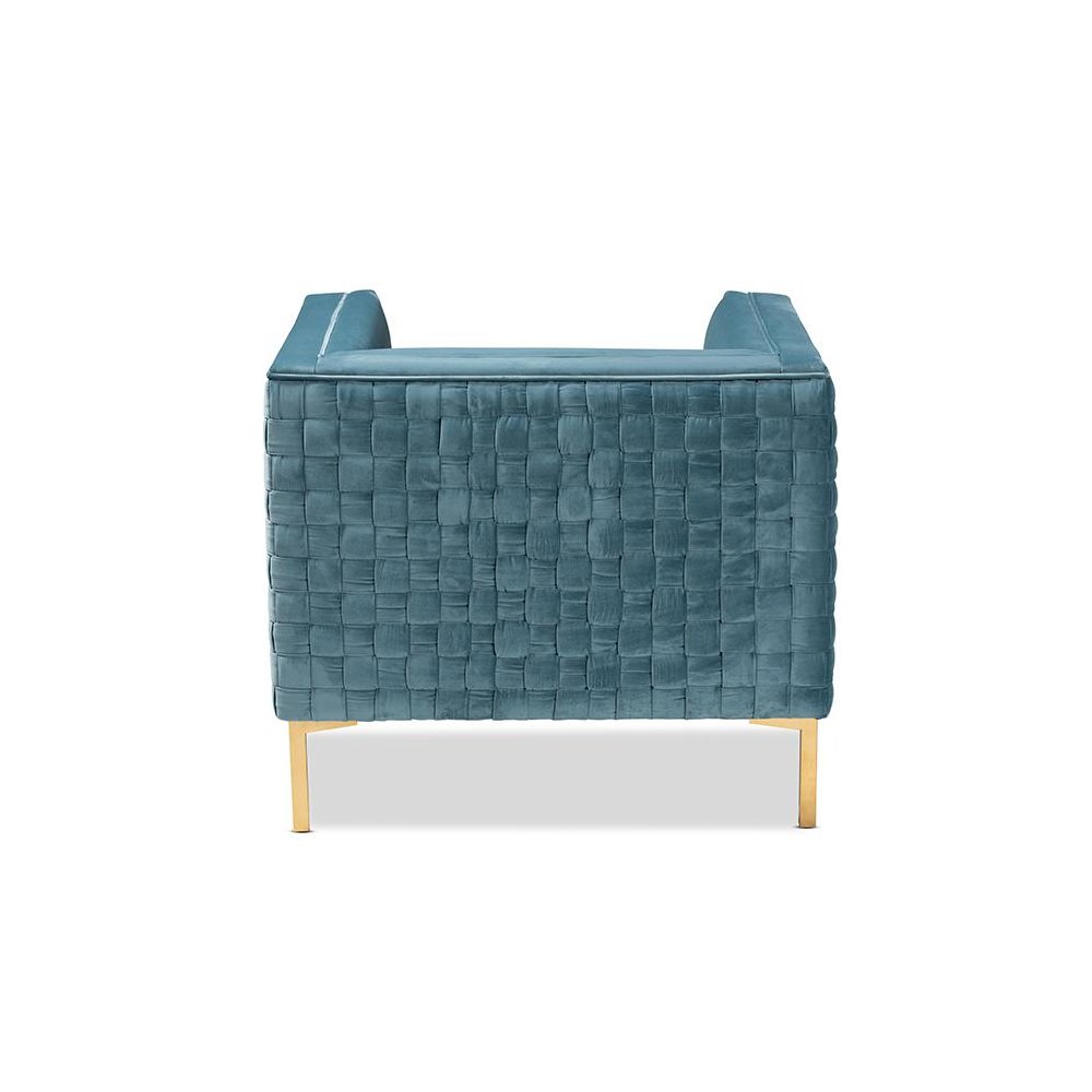 Luxe Light Blue Velvet Fabric Upholstered Gold Finished Armchair. Picture 4