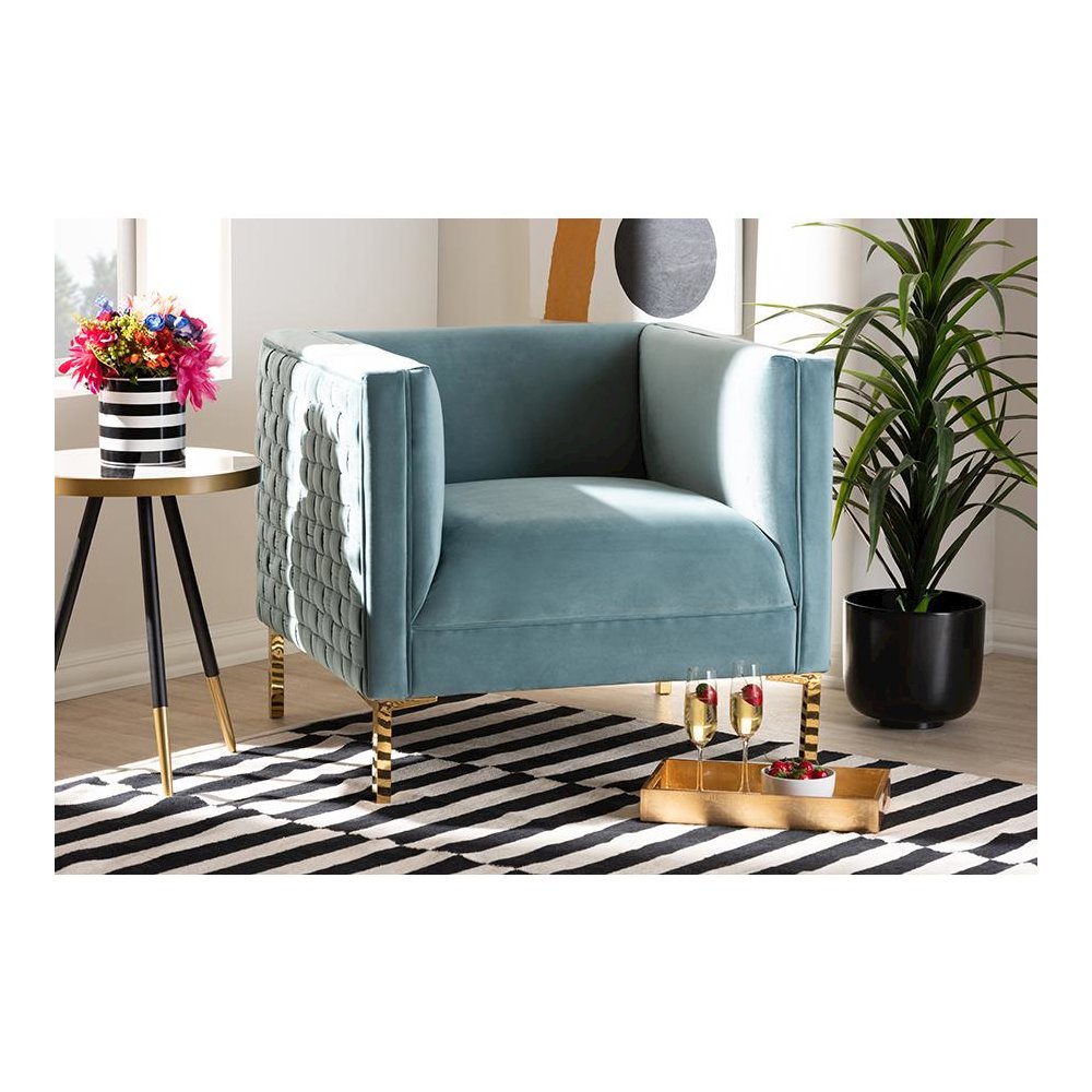 Luxe Light Blue Velvet Fabric Upholstered Gold Finished Armchair. Picture 7