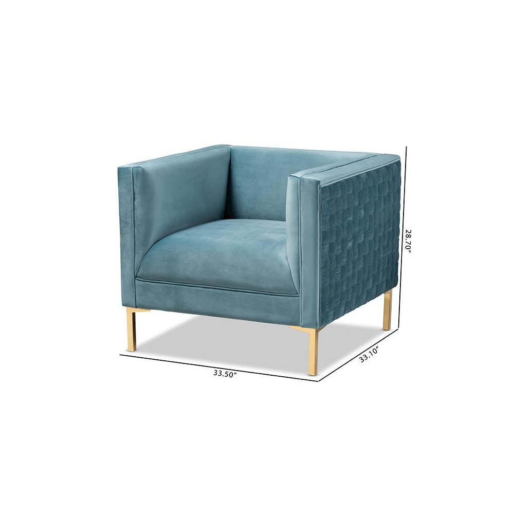 Luxe Light Blue Velvet Fabric Upholstered Gold Finished Armchair. Picture 9