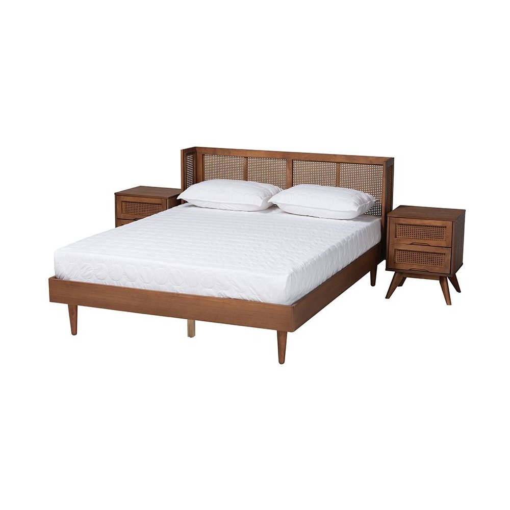 Ash Walnut Finished Wood 3-Piece Full Size Bedroom Set with Synthetic Rattan. Picture 1