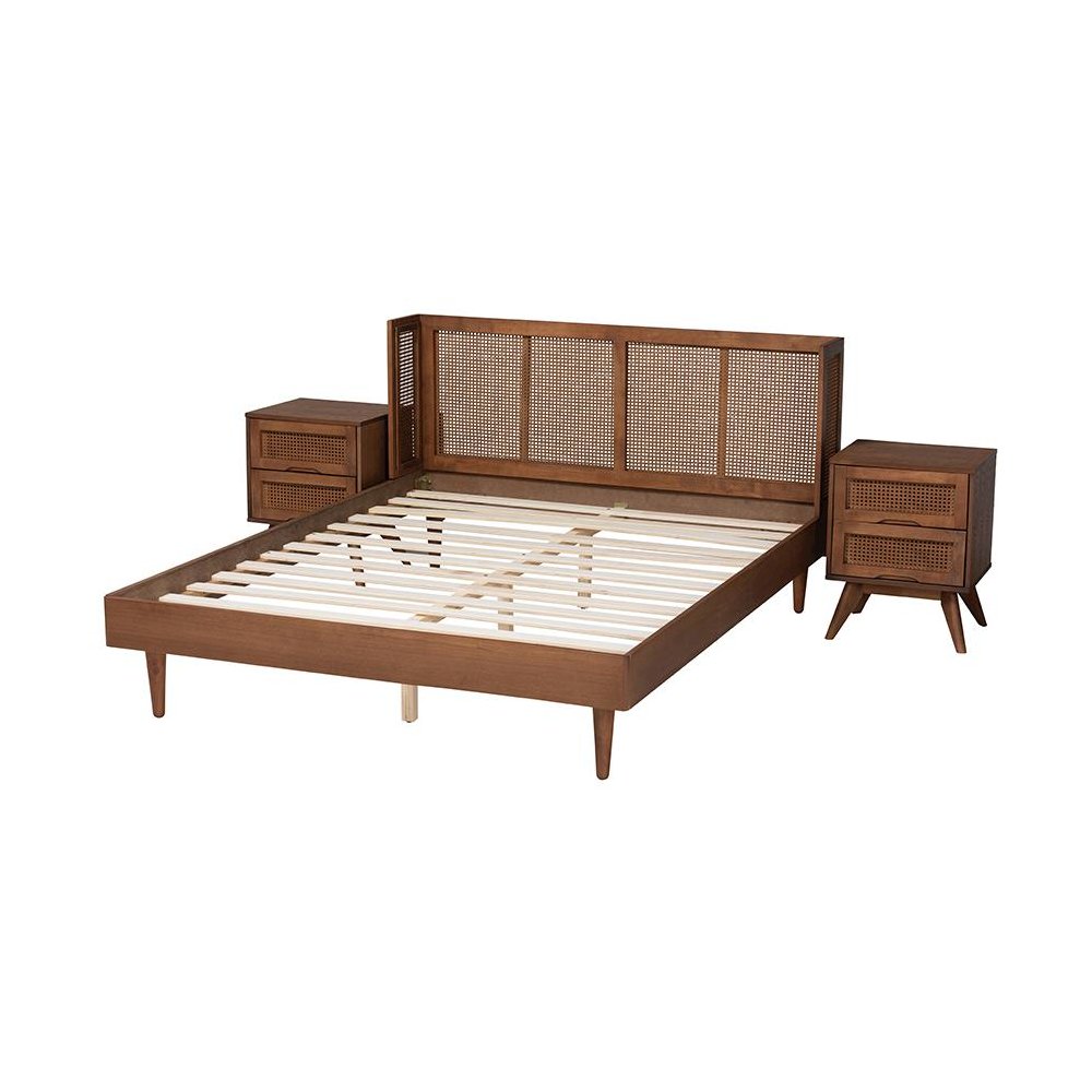 Ash Walnut Finished Wood 3-Piece Full Size Bedroom Set with Synthetic Rattan. Picture 2