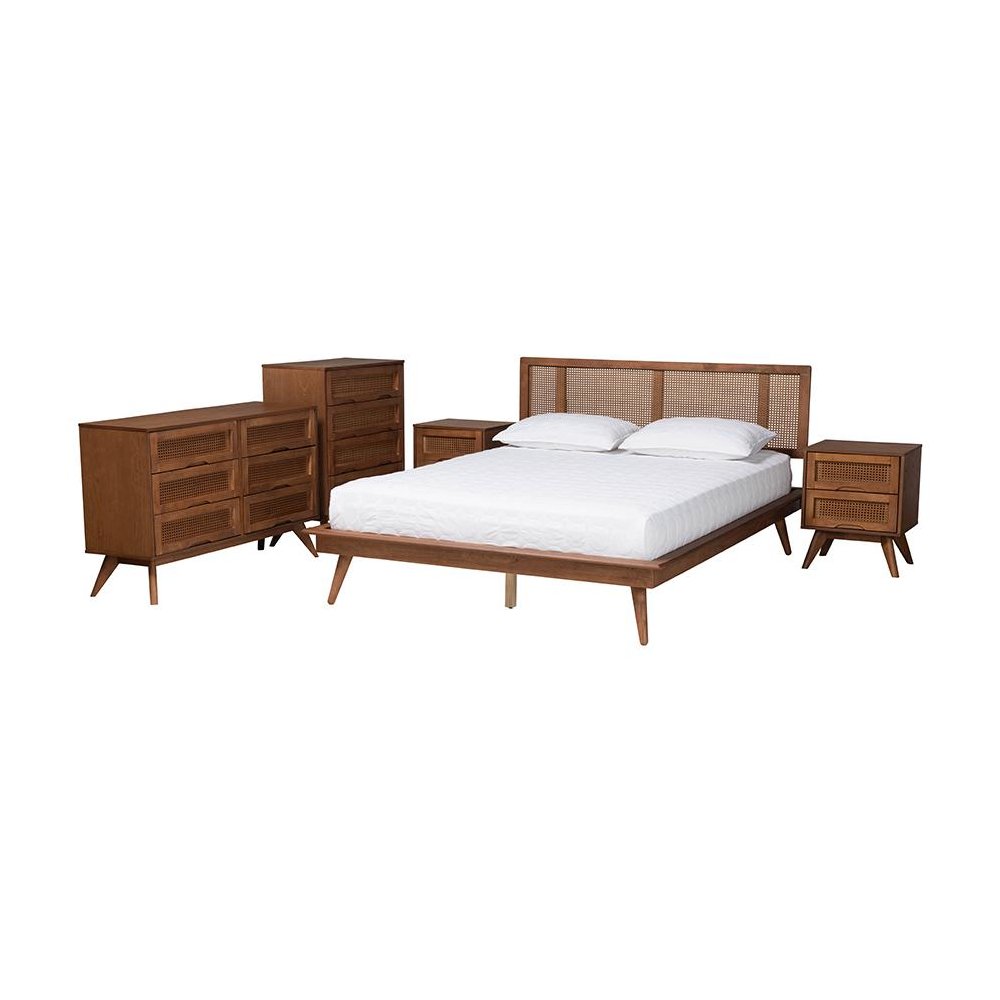 Walnut Brown Finished Wood and Rattan Full Size 5-Piece Bedroom Set. Picture 1