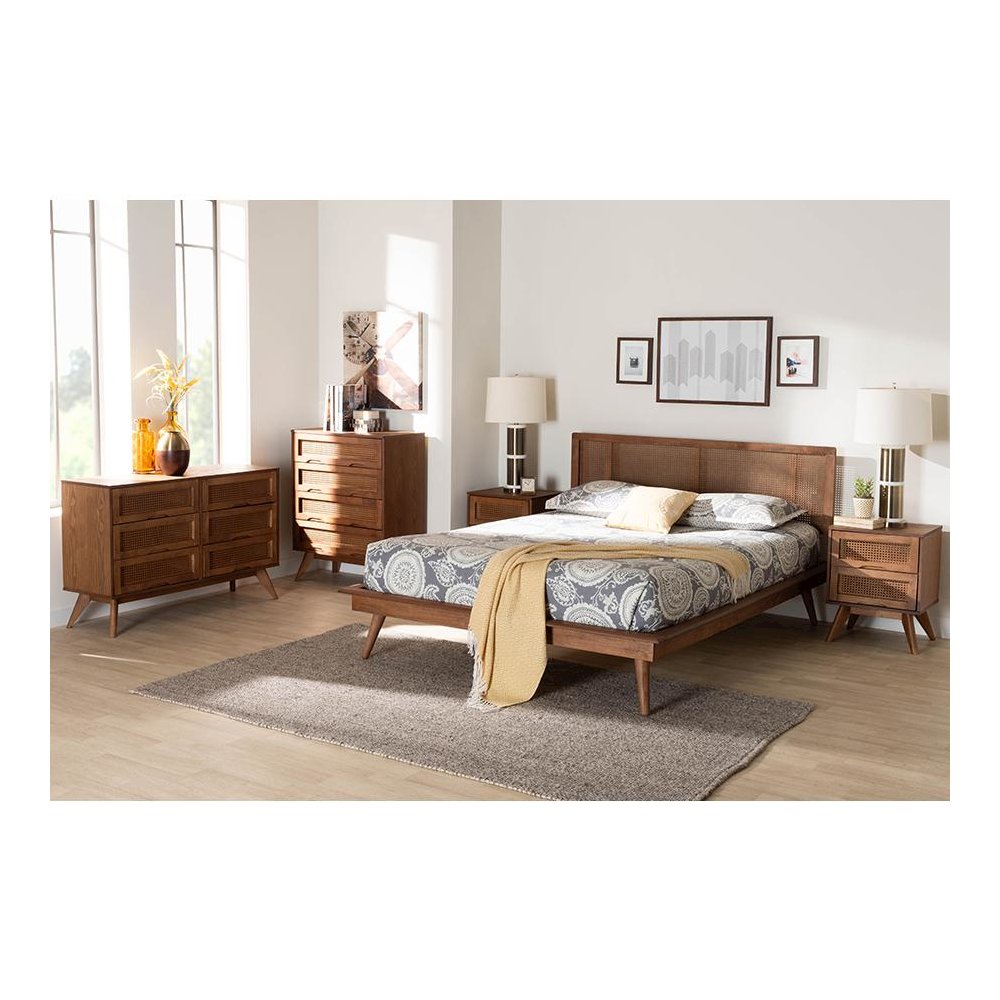 Walnut Brown Finished Wood and Rattan Full Size 5-Piece Bedroom Set. Picture 12