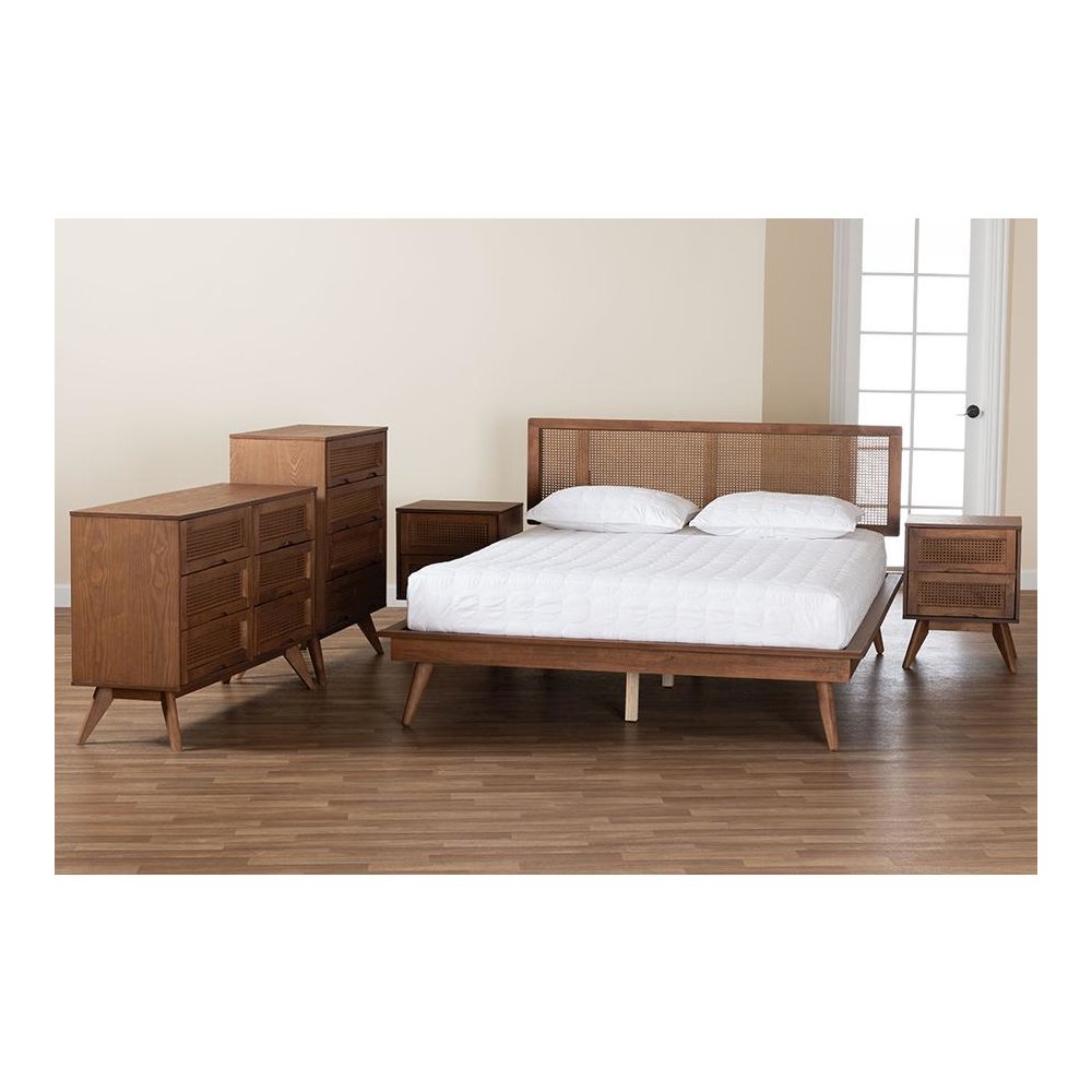 Walnut Brown Finished Wood and Rattan Full Size 5-Piece Bedroom Set. Picture 13