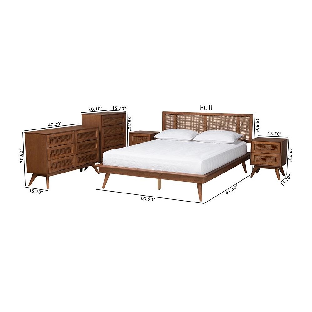 Walnut Brown Finished Wood and Rattan Full Size 5-Piece Bedroom Set. Picture 14
