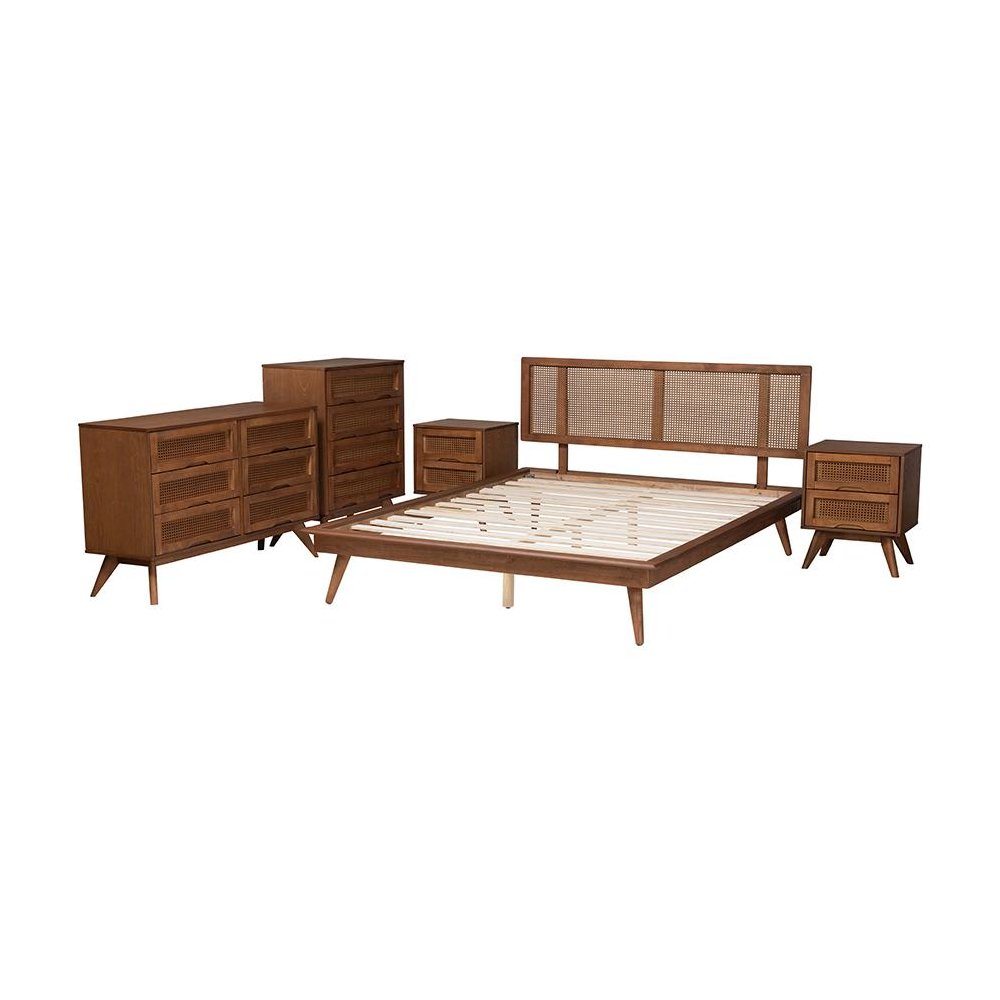Walnut Brown Finished Wood and Rattan Full Size 5-Piece Bedroom Set. Picture 2