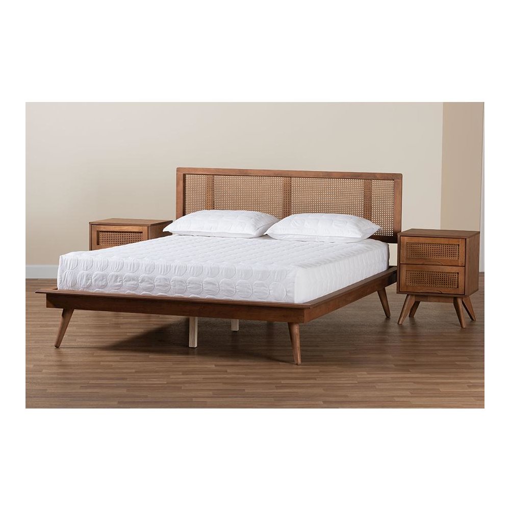 Walnut Brown Finished Wood and Rattan Full Size 3-Piece Bedroom Set. Picture 11