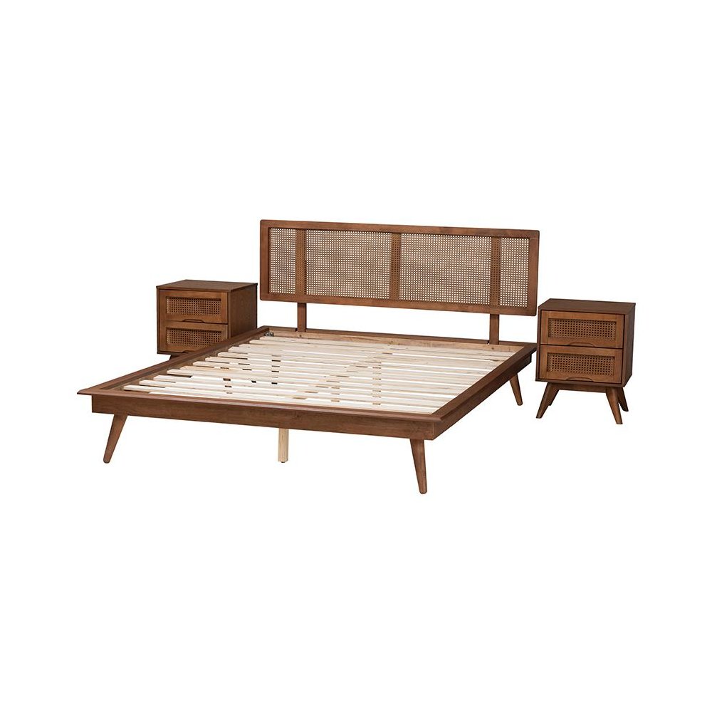 Walnut Brown Finished Wood and Rattan Full Size 3-Piece Bedroom Set. Picture 2
