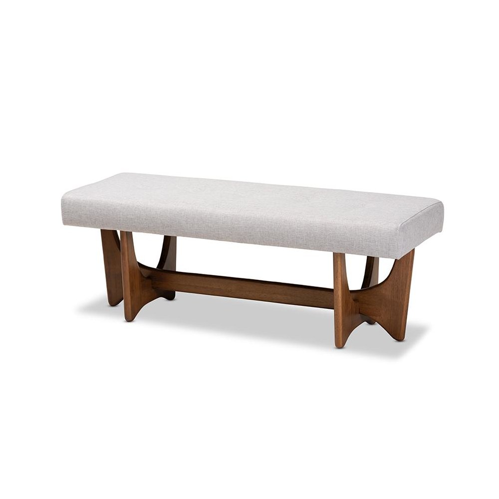 Theo Mid-Century Modern Greyish Beige Fabric Upholstered Walnut Finished Bench. Picture 1