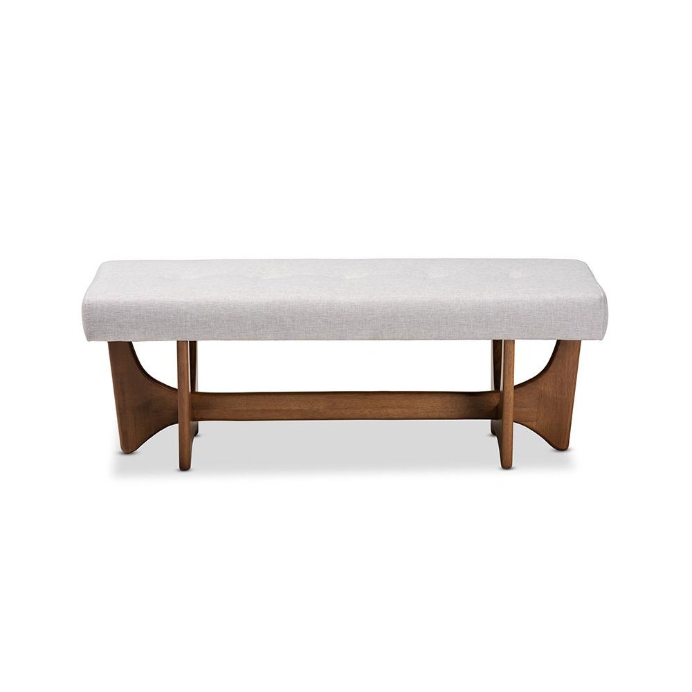 Theo Mid-Century Modern Greyish Beige Fabric Upholstered Walnut Finished Bench. Picture 2