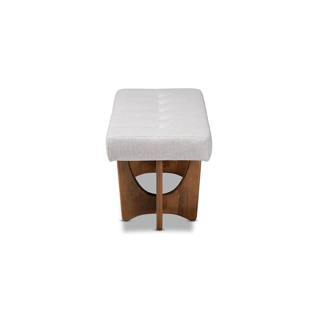 Theo Mid-Century Modern Greyish Beige Fabric Upholstered Walnut Finished Bench. Picture 3