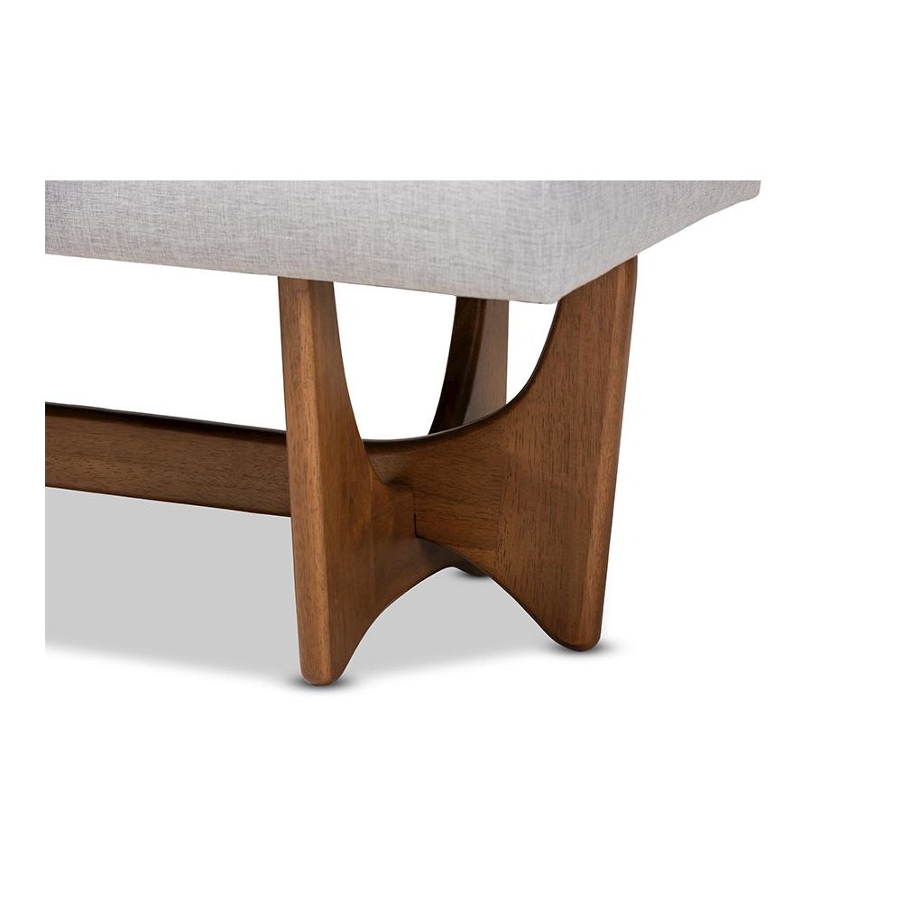Theo Mid-Century Modern Greyish Beige Fabric Upholstered Walnut Finished Bench. Picture 5