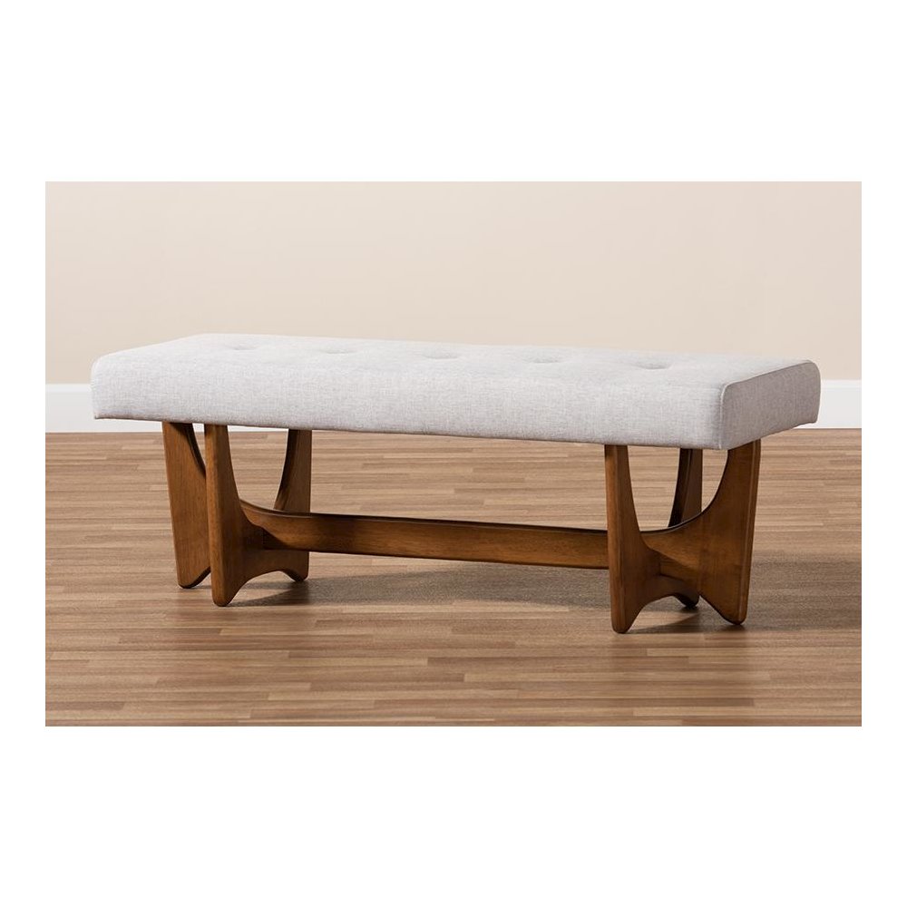 Theo Mid-Century Modern Greyish Beige Fabric Upholstered Walnut Finished Bench. Picture 7