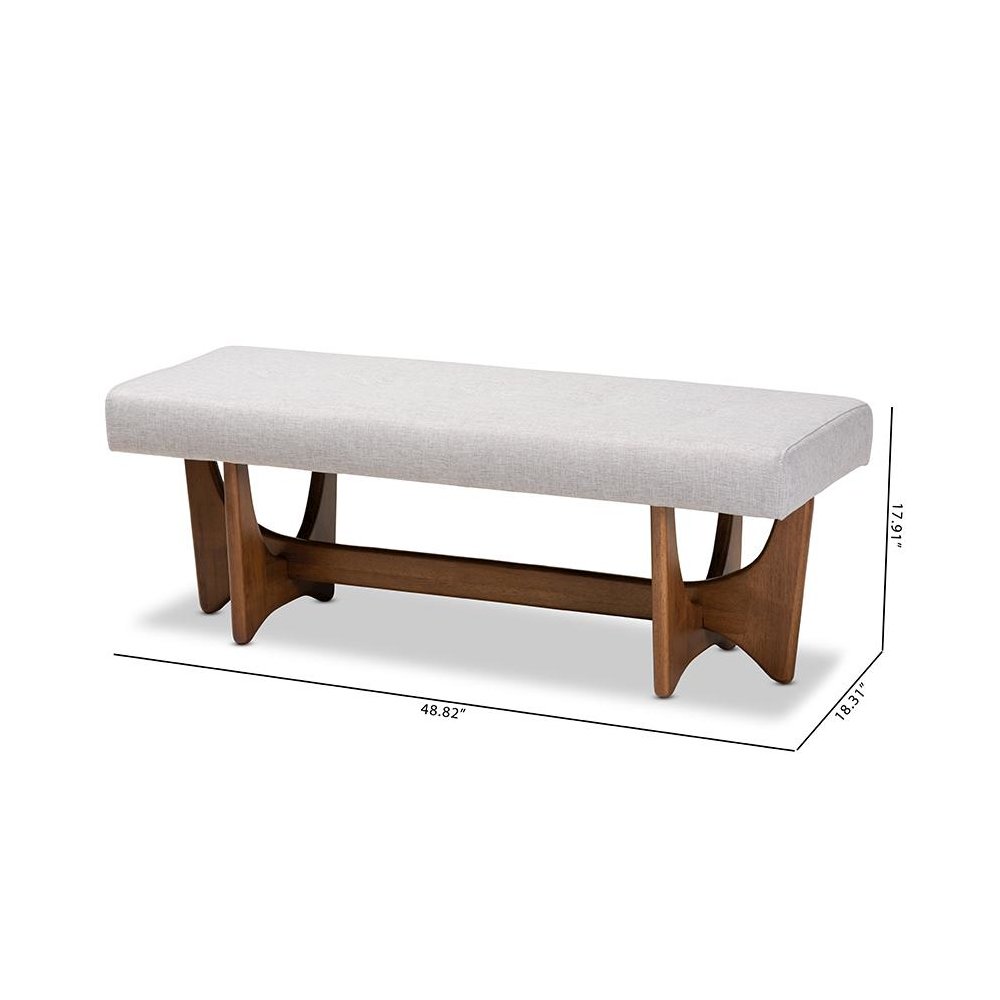 Theo Mid-Century Modern Greyish Beige Fabric Upholstered Walnut Finished Bench. Picture 8
