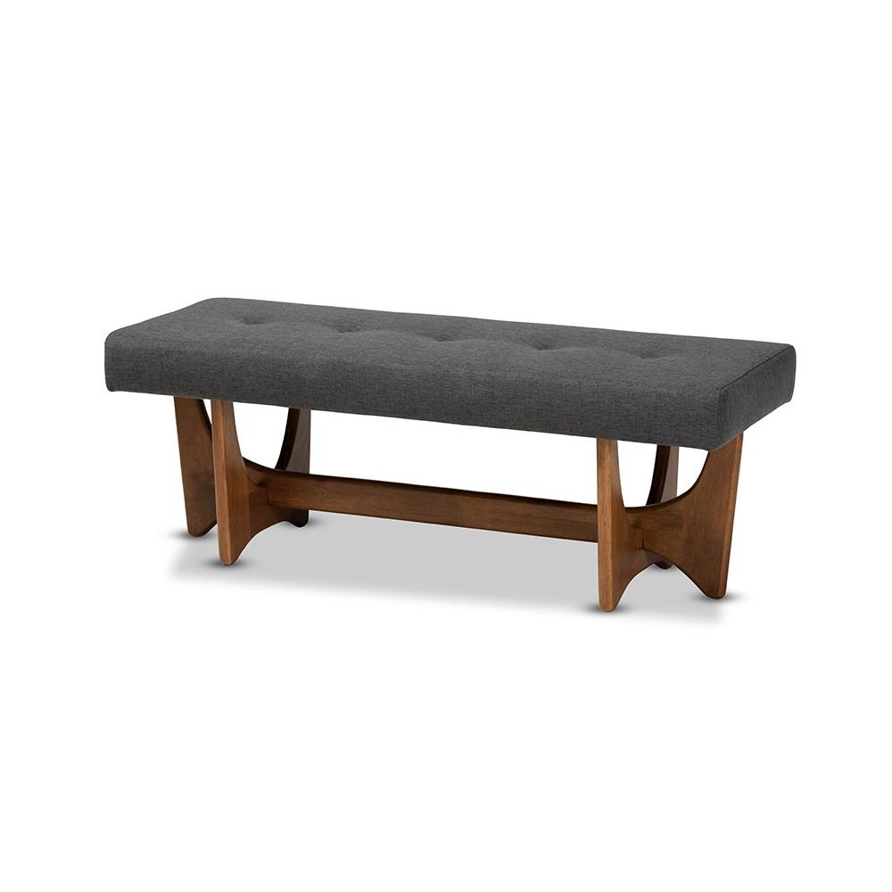 Theo Mid-Century Modern Dark Grey Fabric Upholstered Walnut Finished Bench. Picture 1