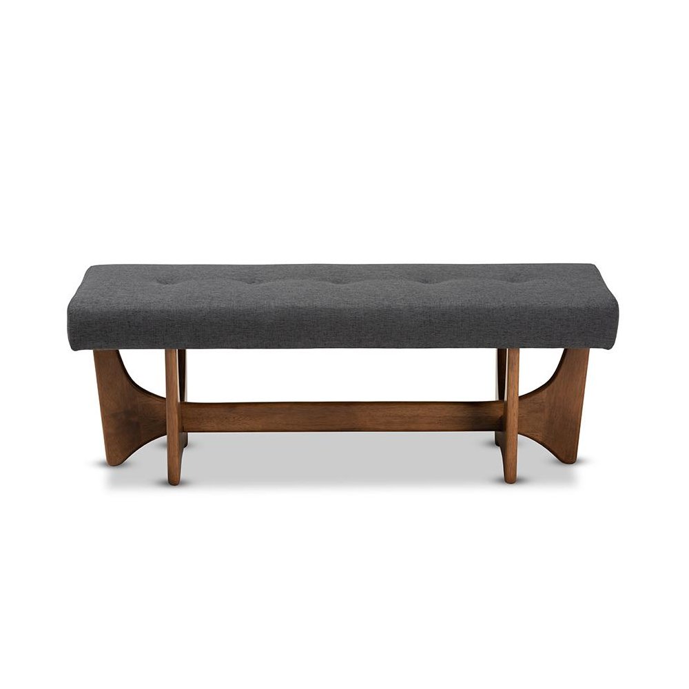 Theo Mid-Century Modern Dark Grey Fabric Upholstered Walnut Finished Bench. Picture 2