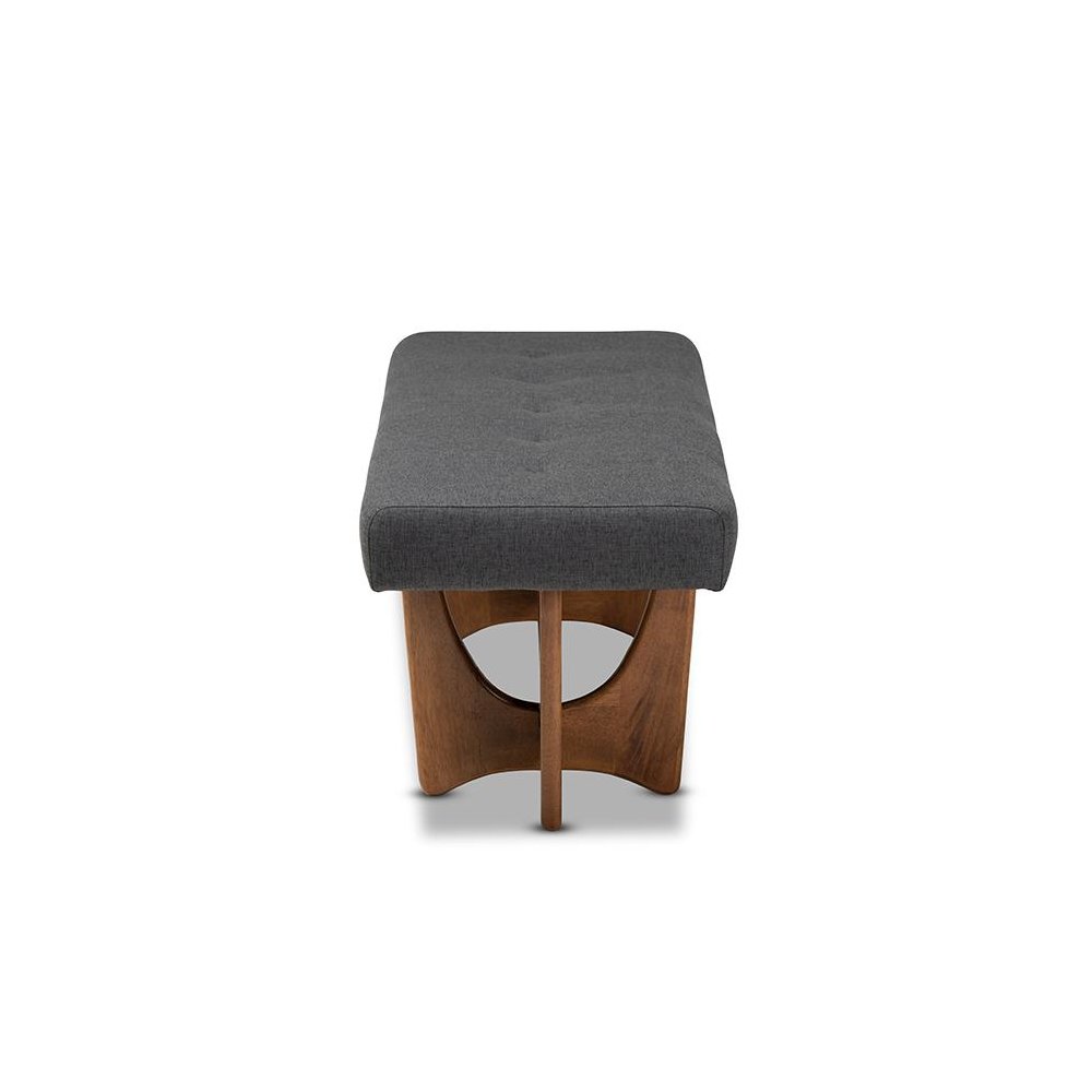 Theo Mid-Century Modern Dark Grey Fabric Upholstered Walnut Finished Bench. Picture 3