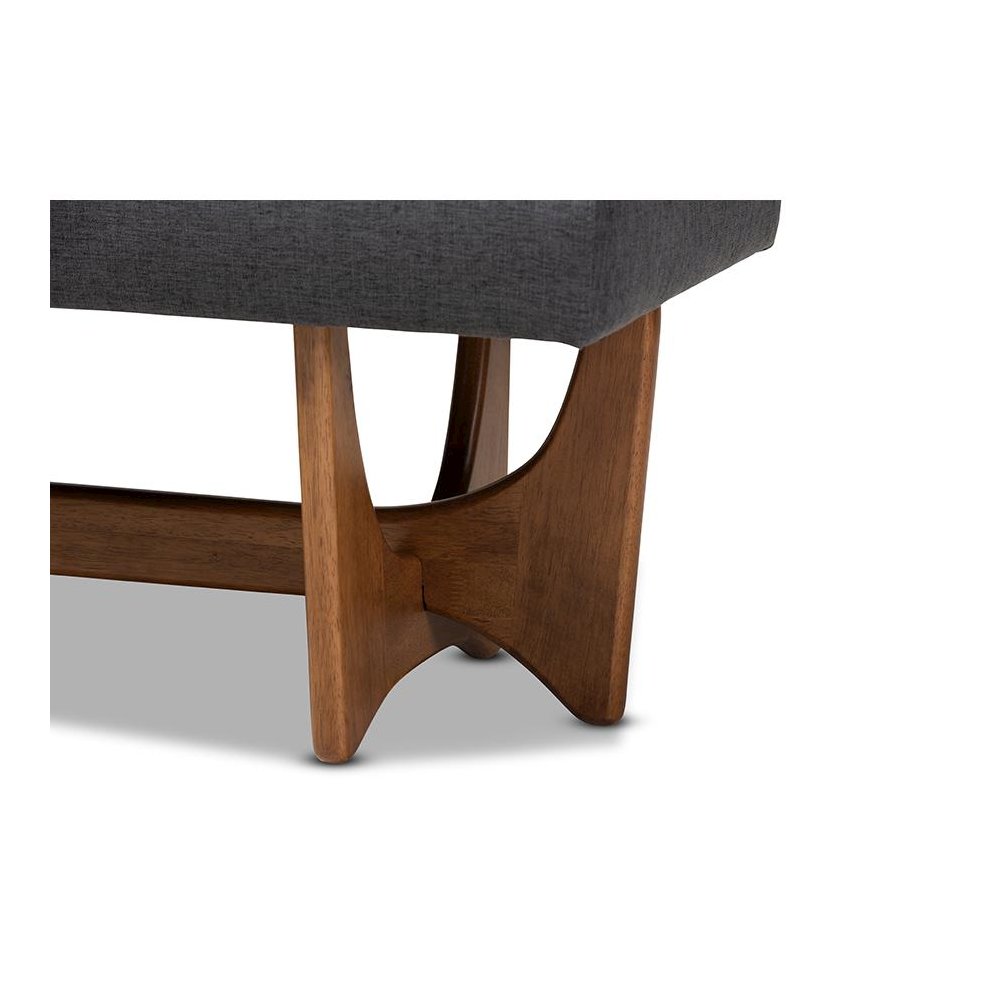 Theo Mid-Century Modern Dark Grey Fabric Upholstered Walnut Finished Bench. Picture 5