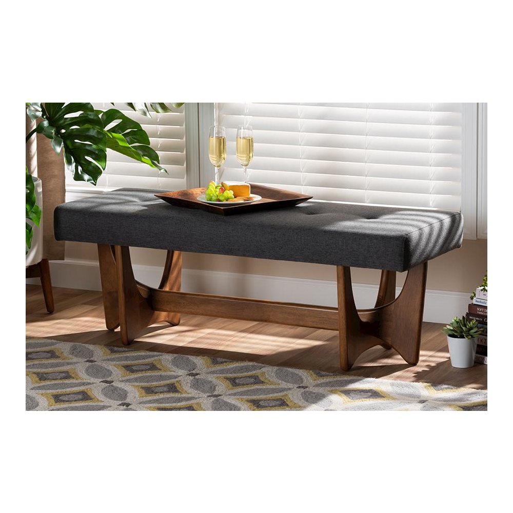 Theo Mid-Century Modern Dark Grey Fabric Upholstered Walnut Finished Bench. Picture 6