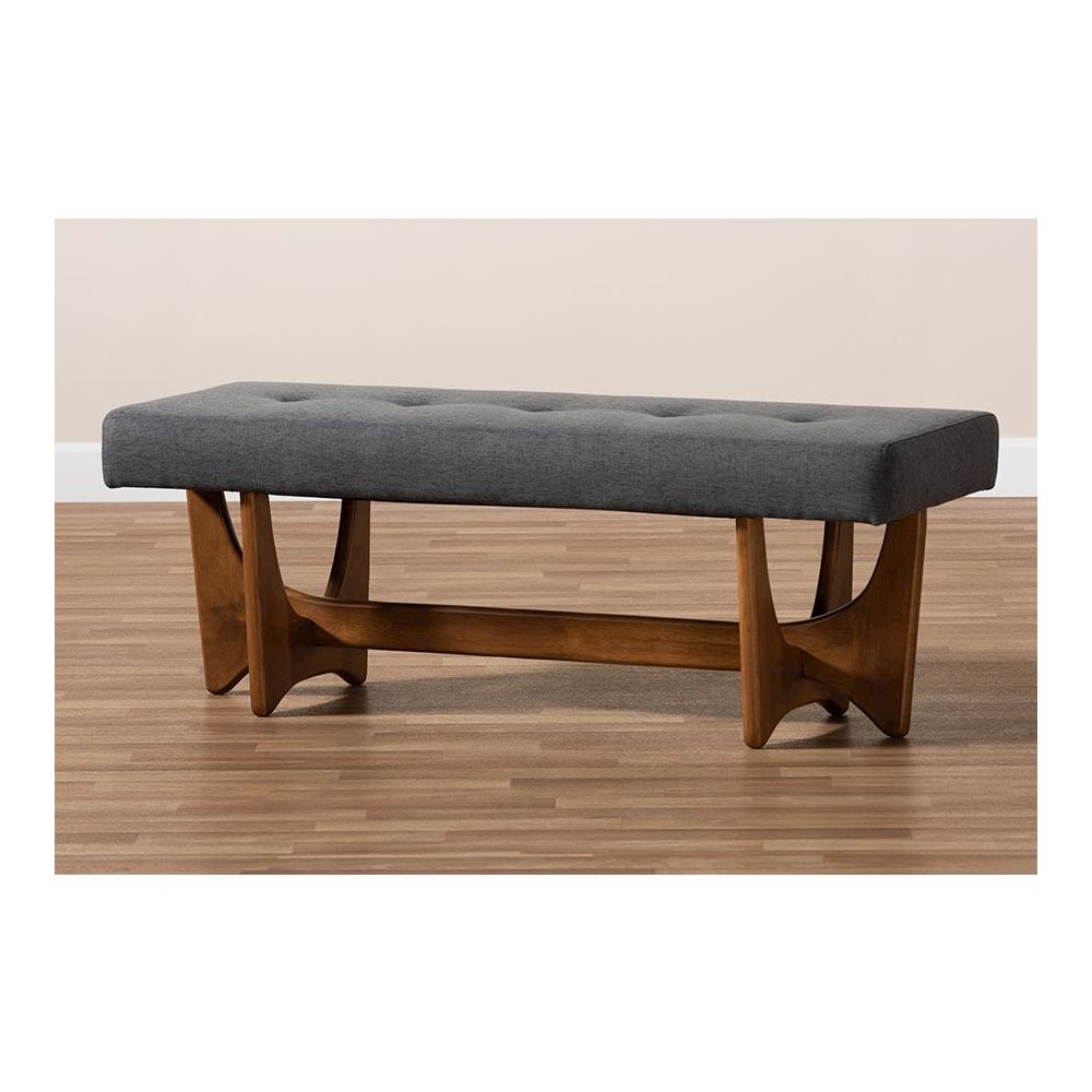 Theo Mid-Century Modern Dark Grey Fabric Upholstered Walnut Finished Bench. Picture 7
