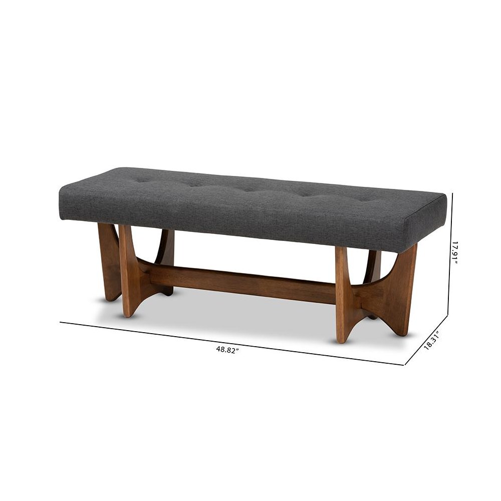 Theo Mid-Century Modern Dark Grey Fabric Upholstered Walnut Finished Bench. Picture 8