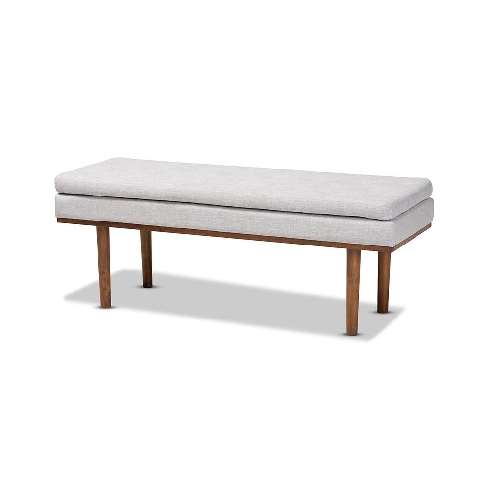 Arne Mid-Century Modern Greyish Beige Fabric Upholstered Walnut Finished Bench. Picture 1