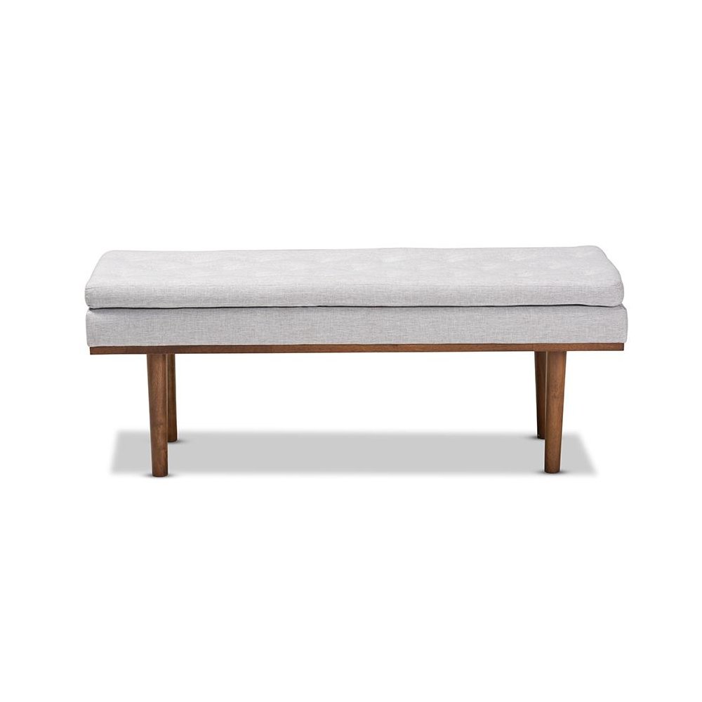 Arne Mid-Century Modern Greyish Beige Fabric Upholstered Walnut Finished Bench. Picture 2